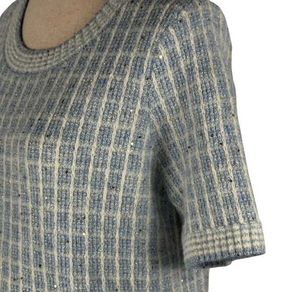 Like new! Talbots Crewneck Sweater - Sequin Plaid in Blue White Silver Sz Medium - Picture 10 of 10